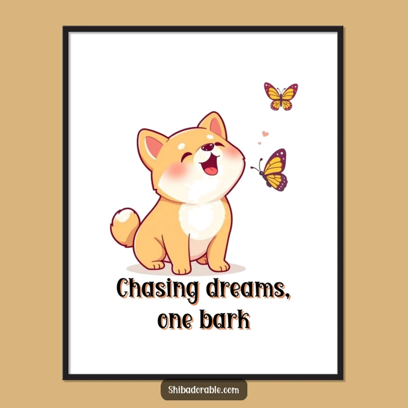 Funny Free Printable Wall Art: Excited Shiba Inu Butterfly Chase, Downloadable Decor