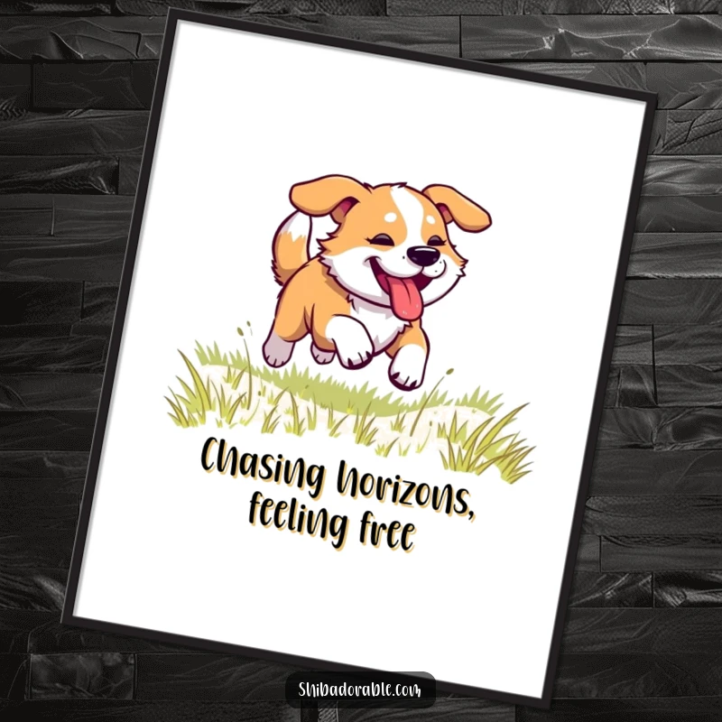 Funny Free Printable Wall Art, dog with panting tongue and legs kicking, racing across a grassy field, full of speed