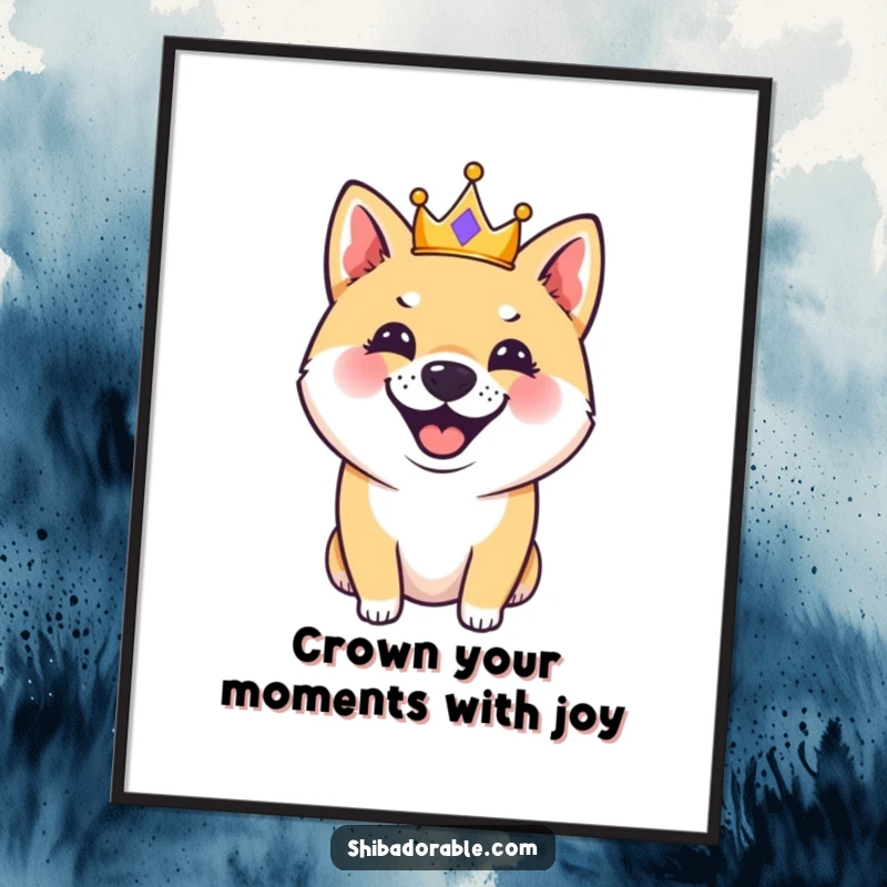 Funny Free Printable Wall Art: A happy Shiba Inu dog wearing a tiny crown, barking with regal flair.