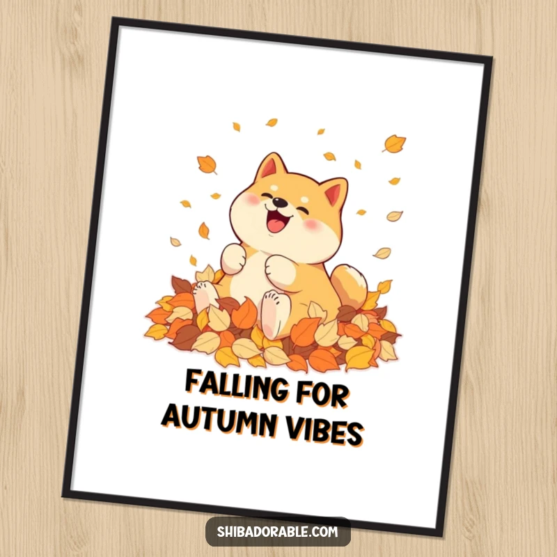 Funny Free Printable Wall Art: Shiba Inu joyfully rolling in a pile of colorful autumn leaves, embodying pure happiness.