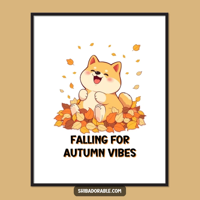Free Printable Wall Art: Happy Shiba Inu in Autumn Leaves, Humorous Downloadable Decor