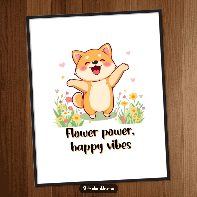 Funny Free Printable Wall Art: A Shiba Inu performing a goofy, ecstatic happy dance in a meadow overflowing with vibrant, colourful flowers.