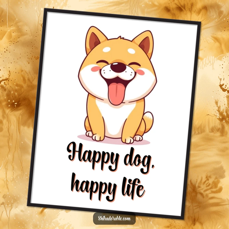 Funny Free Printable Wall Art: A very happy Shiba Inu dog, panting with its tongue out, sporting a huge, goofy, infectious grin.