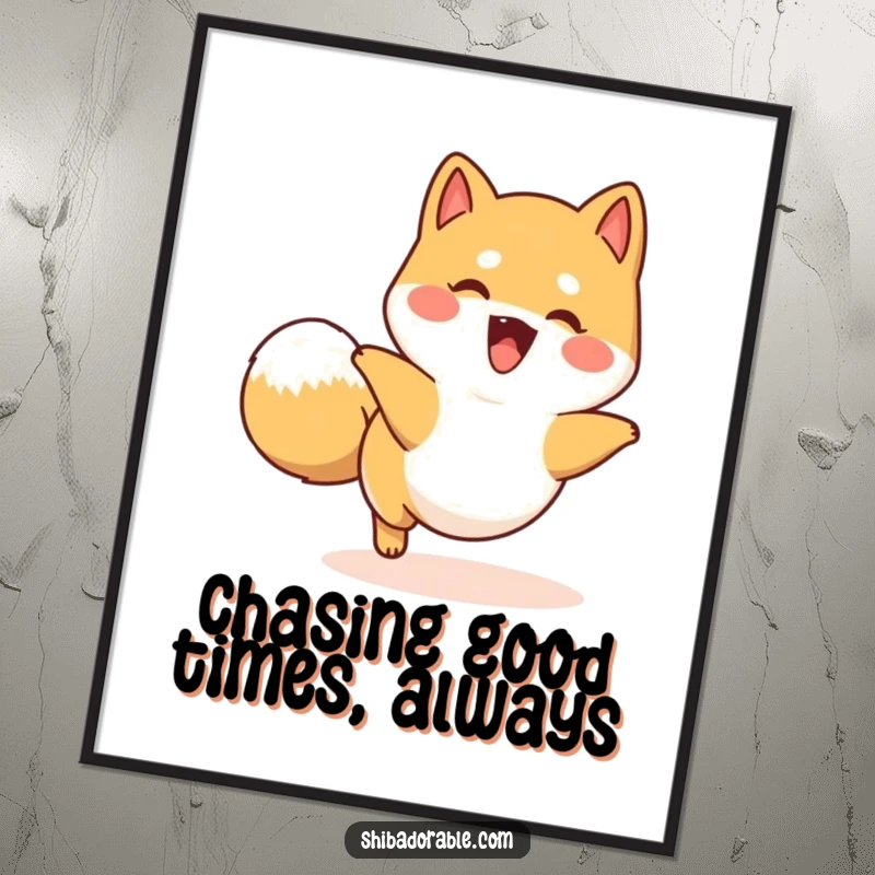Free Printable Wall Art: A happy Shiba Inu dog gleefully chases its own wagging tail in a perpetual circle.