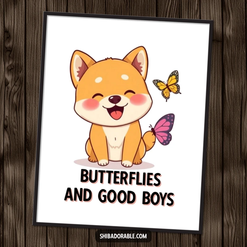 Funny Free Printable Shiba Inu Butterfly Art: A jubilant Shiba Inu dog joyfully greets a fluttering butterfly, adding fun to your decor.