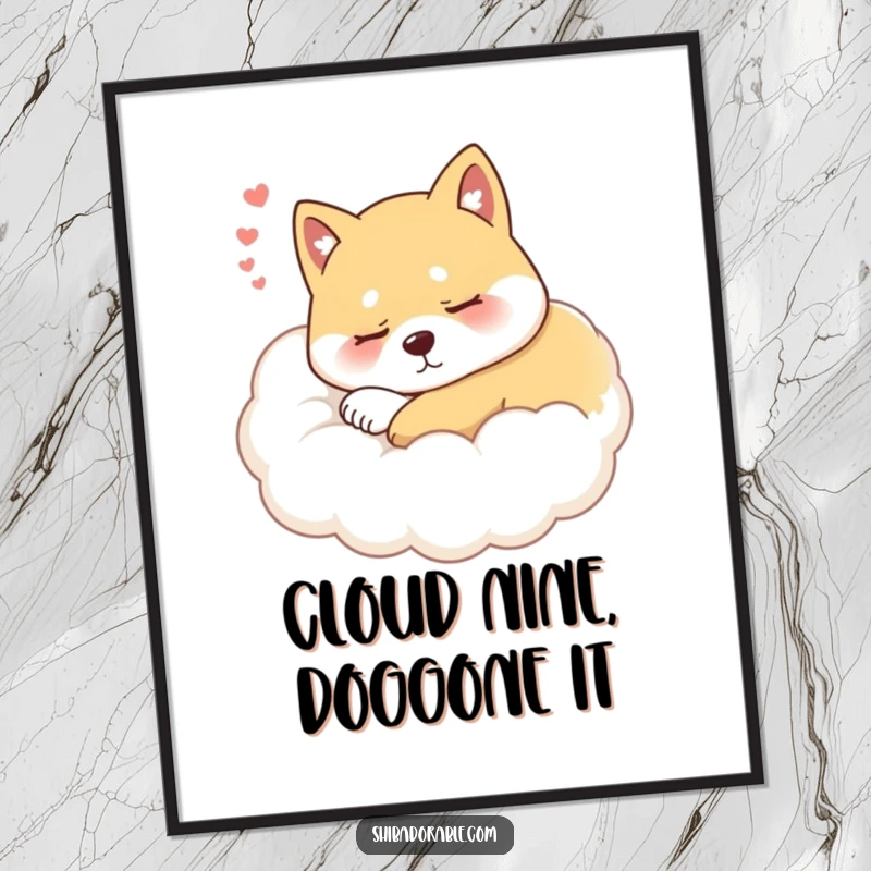 Funny Free Printable Shiba Inu Cloud Art: A cute Shiba Inu dog dreams peacefully on a fluffy cloud, ready for your wall.