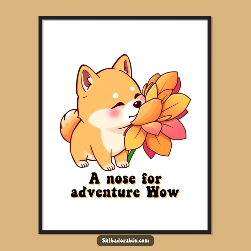 Free Printable Wall Art: Curious Shiba Inu Flower Sniff, Humorous Downloadable Decor