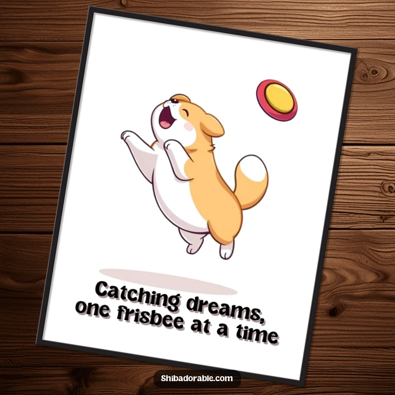 Funny Free Printable Wall Art, plump dog leaping high in the air to catch a frisbee, athletic and cheerful