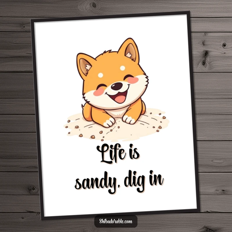 Funny Free Printable Wall Art: A Shiba Inu dog with a huge smile, digging with delight in soft, sandy ground.
