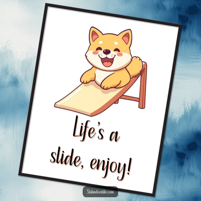 Funny Free Printable Wall Art: Shiba Inu dog gleefully slides down a playground slide, bringing joy.