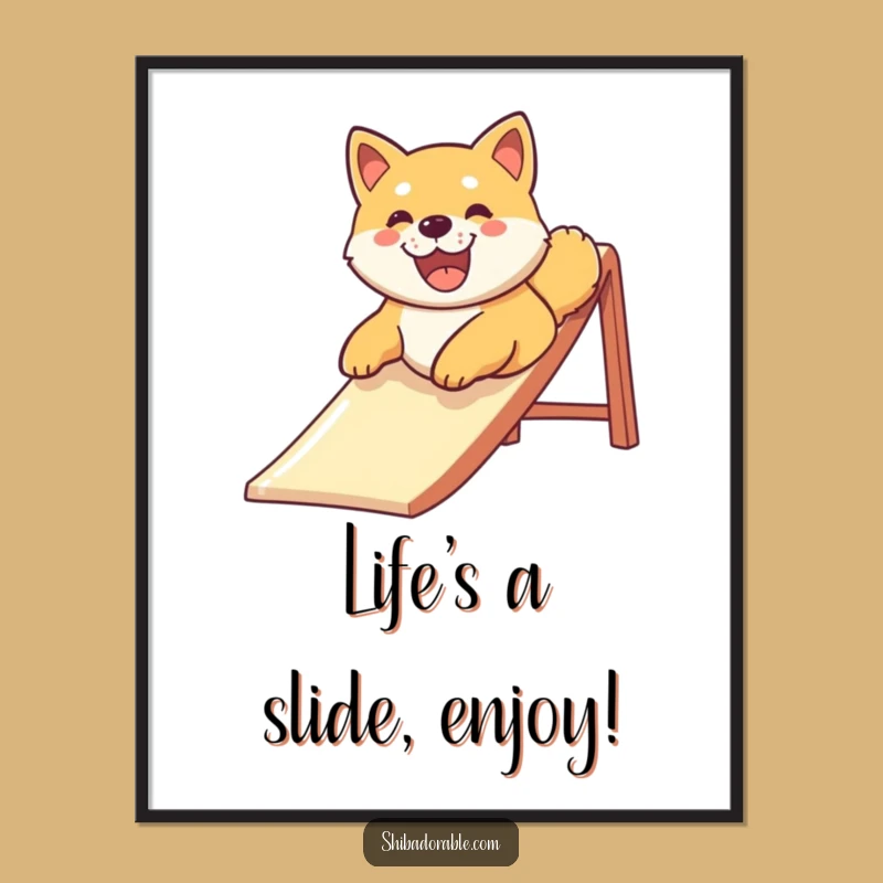 Free Printable Wall Art: Happy Shiba Slide, Downloadable Humorous Dog Decor