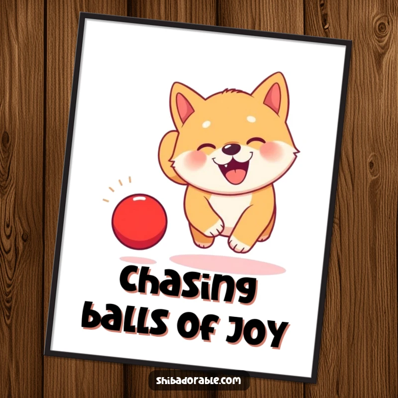 Free Printable wall art: A super cute, kawaii Shiba Inu puppy with a big smile chases a red ball bouncing energetically.