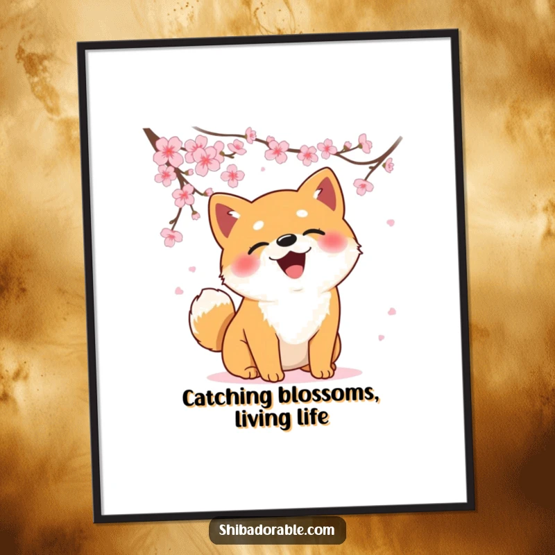 Funny Free Printable Wall Art: A Shiba Inu with big paws, joyfully leaping to catch falling cherry blossoms in a serene setting.