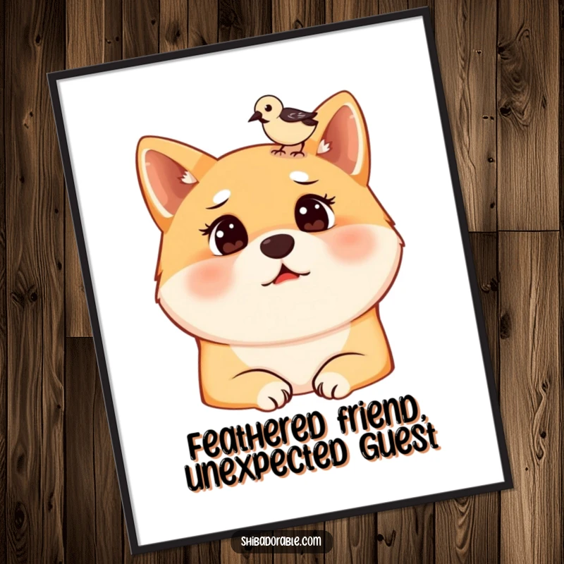 Funny Free Printable Wall Art: A Shiba Inu's wide-eyed surprise as a tiny bird lands gently on its head, humorous decor.