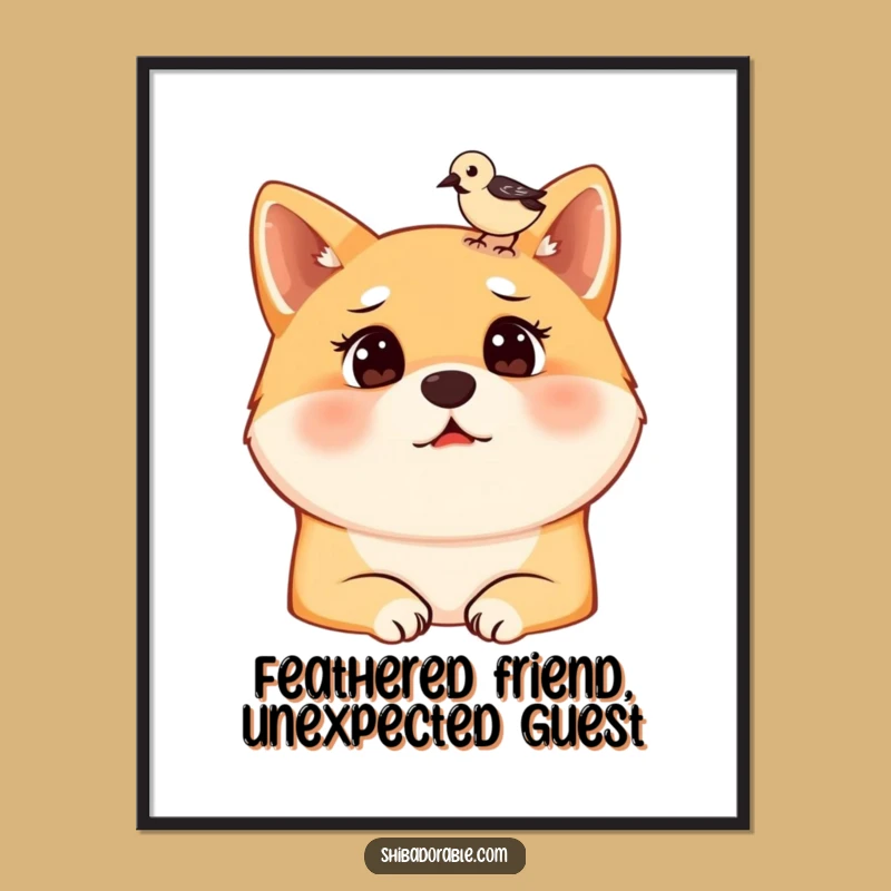 Free Printable Wall Art: Surprised Shiba Inu with Bird, Funny Downloadable Art Gift