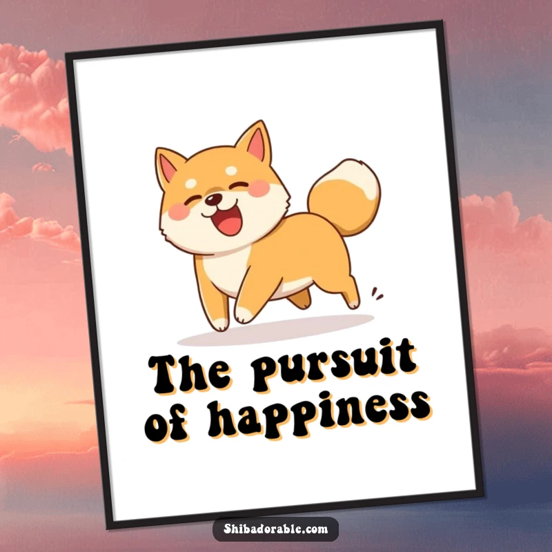 Funny Free Printable Wall Art depicting a Shiba Inu dog comically chasing its own endlessly wagging tail.