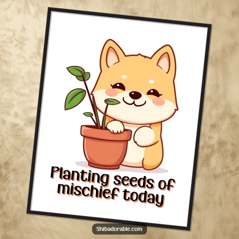 Funny Free Printable Wall Art: A Shiba Inu with a mischievous grin peeking out from behind a potted plant, playful downloadable art.