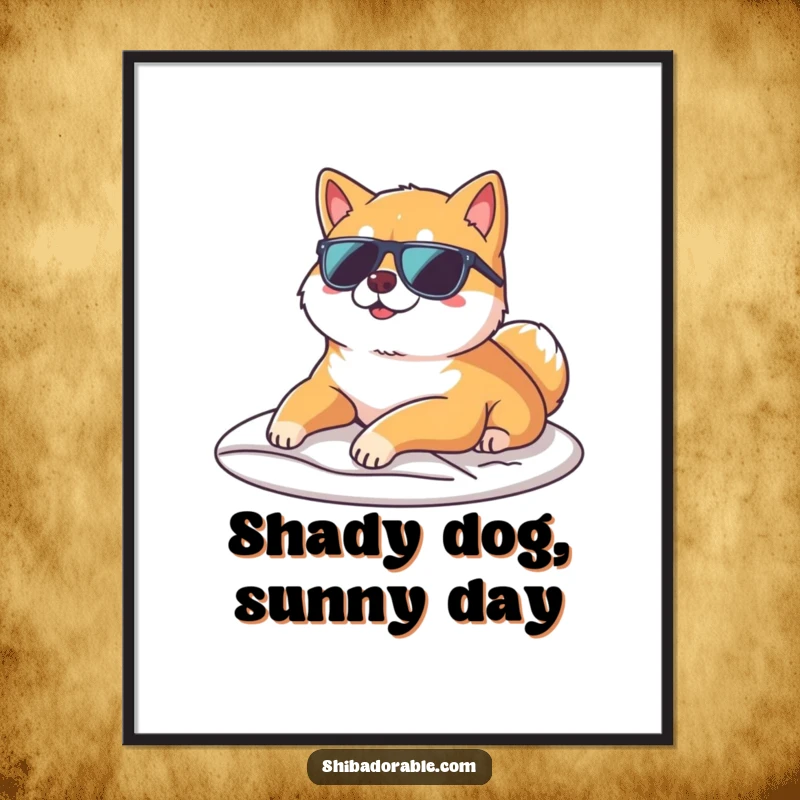 Funny Free Printable Wall Art: A Shiba Inu wears sunglasses, lounging on a sunbeam with ultimate cool, perfect for any room.
