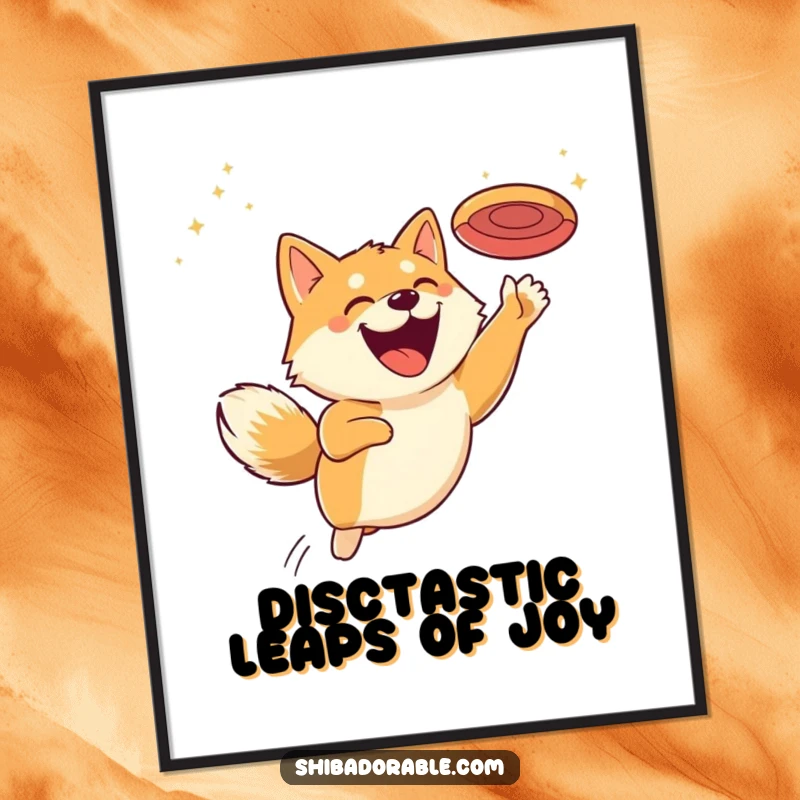 Funny Free Printable Wall Art: A Shiba Inu with a huge, infectious grin leaping with all its might for a flying disc.
