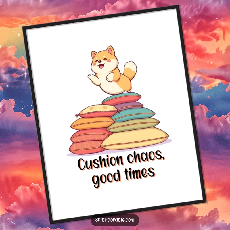 Funny Free Printable Wall Art: Active Shiba Inu dog energetically leaping high over a colorful stack of cushions, showcasing pure joy.