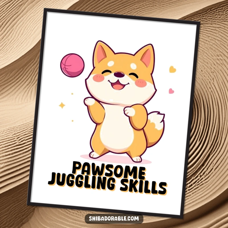 Free Printable Wall Art: A happy Shiba Inu skillfully juggling a bouncy ball with its paws, adding a touch of playful art.
