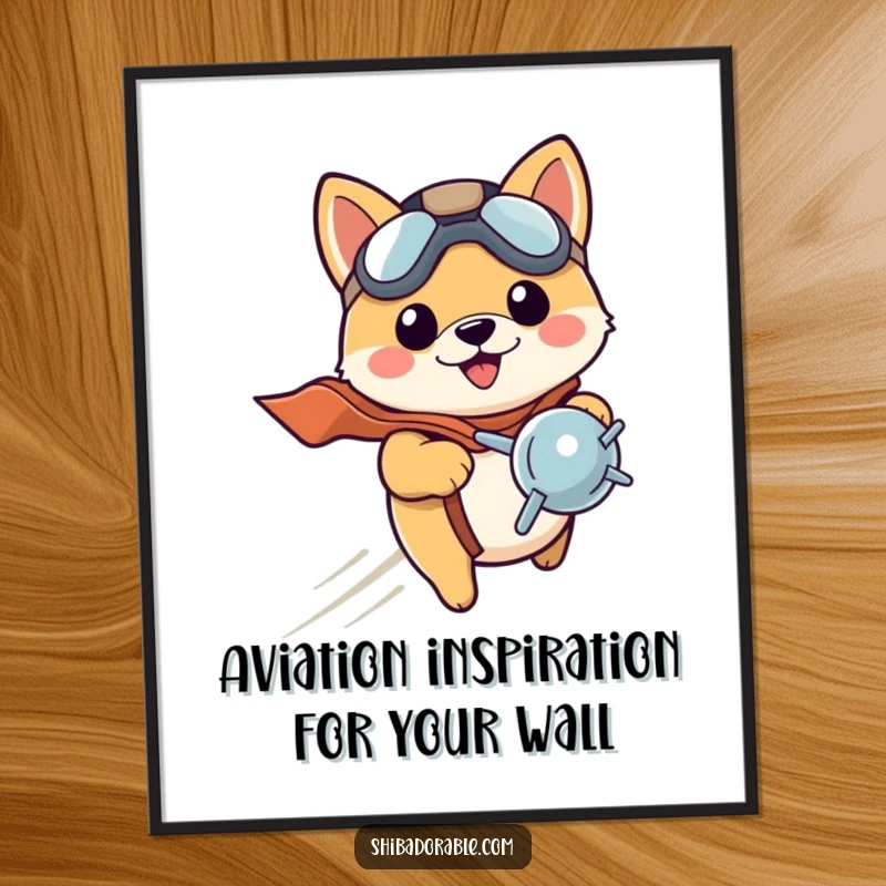 Funny Free Printable Wall Art: Adorable Shiba Inu puppy pilot in a tiny hat, with a propeller, ready to fly high.