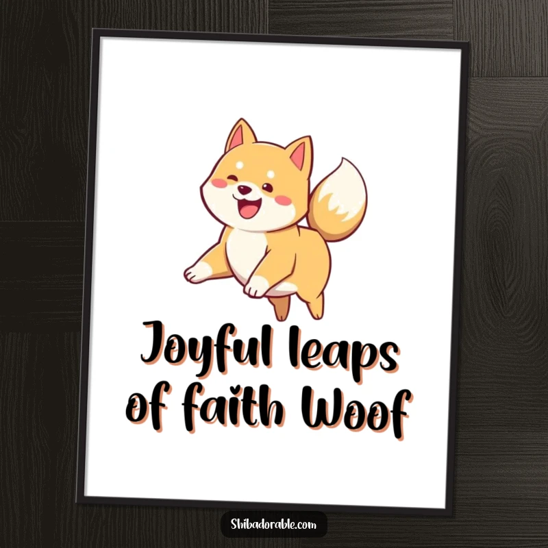 Funny Free Printable Wall Art: Shiba Inu puppy captured mid-leap, tail wagging enthusiastically, radiating pure puppy joy.