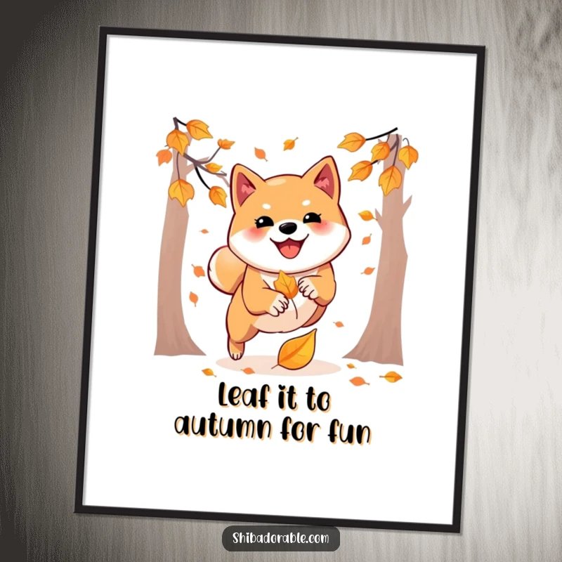 Free Printable Wall Art: Shiba Inu playfully pouncing on a falling autumn leaf, a downloadable piece of dog art.