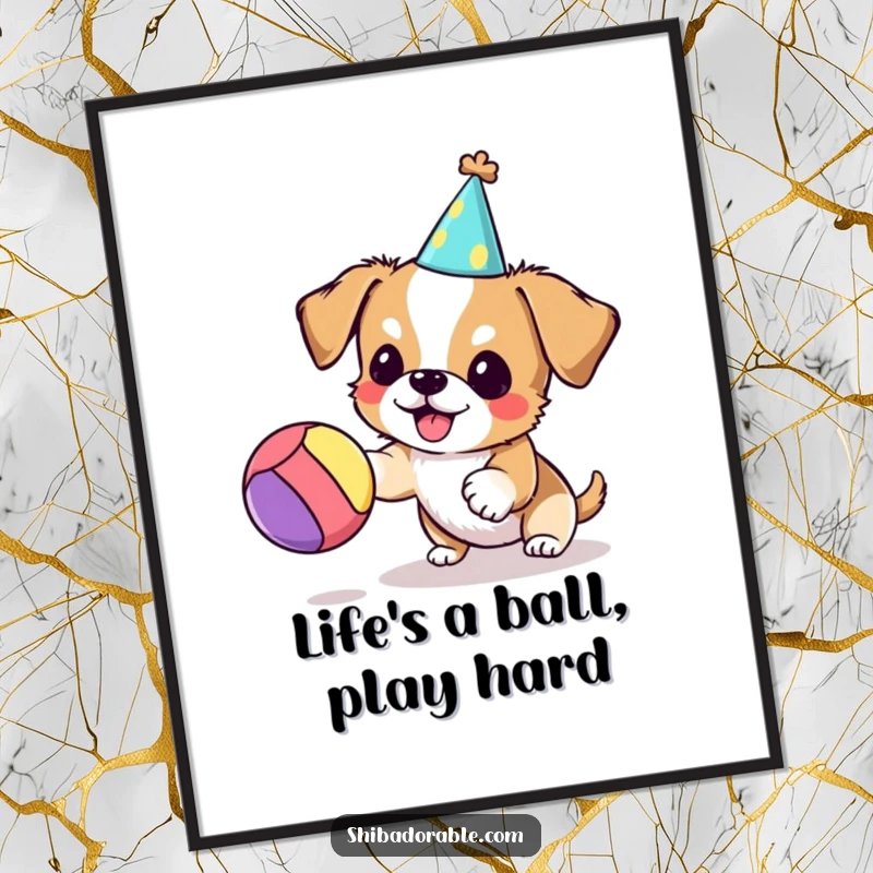 Funny Free Printable Wall Art, small dog wearing a party hat, bouncing a colorful ball, festive and cheerful decoration