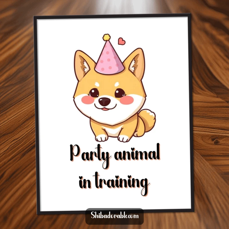 Funny Free Printable Wall Art: Shiba Inu dog wearing a festive party hat, with a sly, mischievous smirk and twinkling eyes.