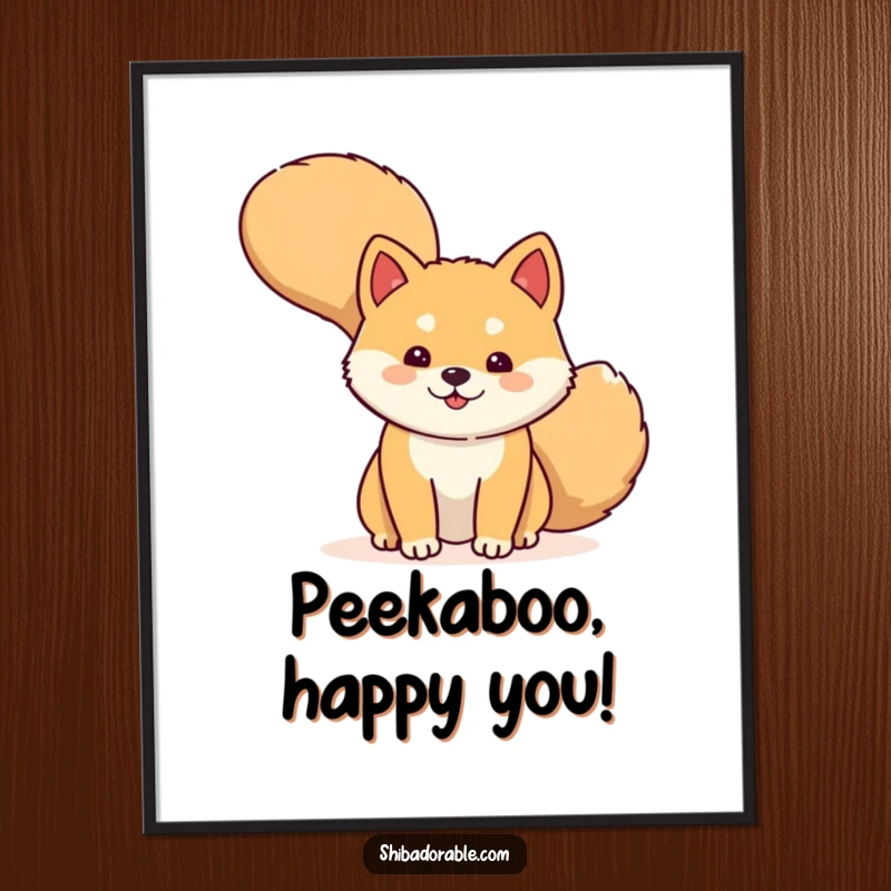 Free Printable Wall Art: A Shiba Inu peeking from behind its own giant wagging tail, creating a scene of playful mystery.