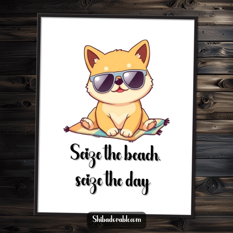 Funny Free Printable Wall Art: Kawaii Shiba Inu puppy wearing oversized sunglasses, lounging on a beach towel art.