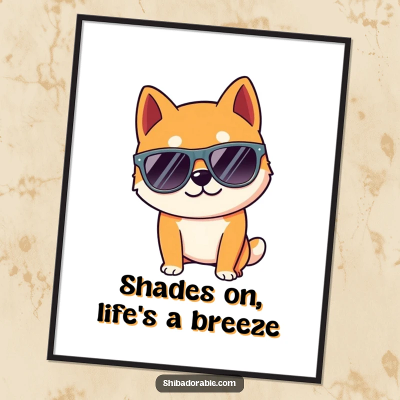 Funny Free Printable Wall Art: Stylish Shiba Inu dog wearing oversized sunglasses, striking a confident, cool pose, ready for the spotlight.