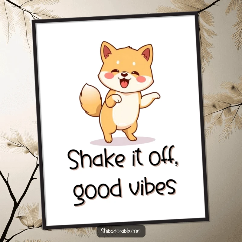Free Printable Wall Art: Shiba Inu doing a happy jig with its tail wagging furiously, downloadable art.