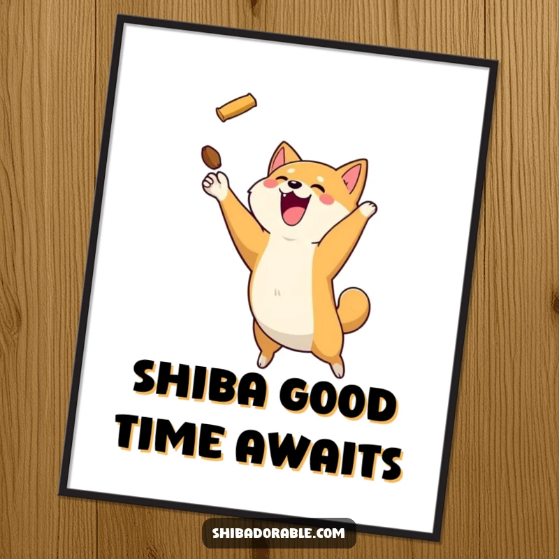 Funny Free Printable Wall Art: A happy Shiba Inu dog captured mid-leap, expertly catching a flying treat.