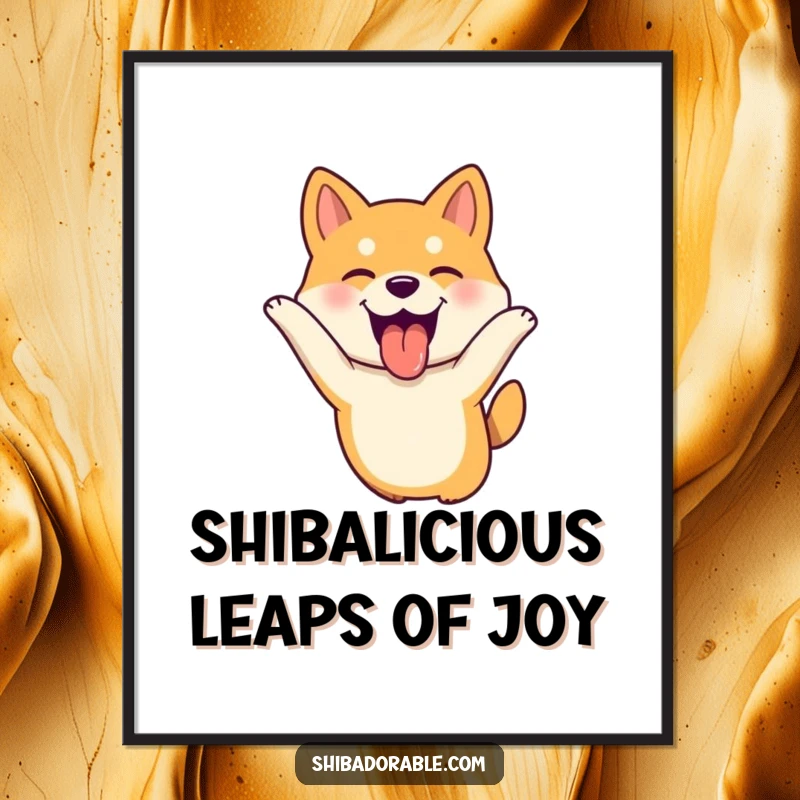 Funny Free Printable Wall Art of a happy Shiba Inu dog leaping with its tongue out and ears flopping joyfully.