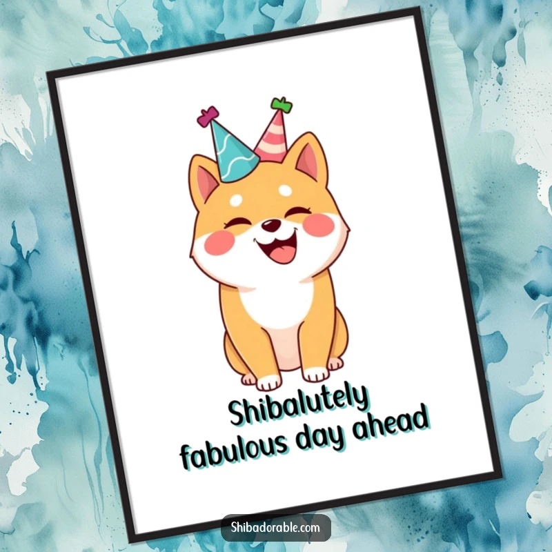 Funny Free Printable Wall Art: Joyful Shiba Inu dog in a party hat, tail wagging with pure happiness.