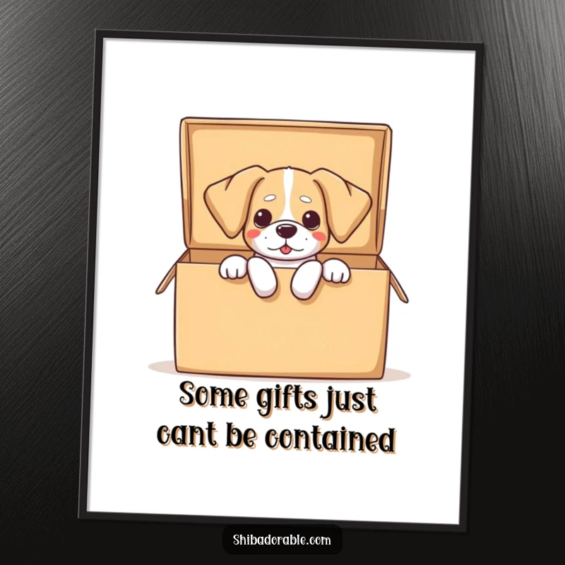 Funny Free Printable Wall Art, dog with floppy ears comically spilling out of a large open box, whimsical and surprising