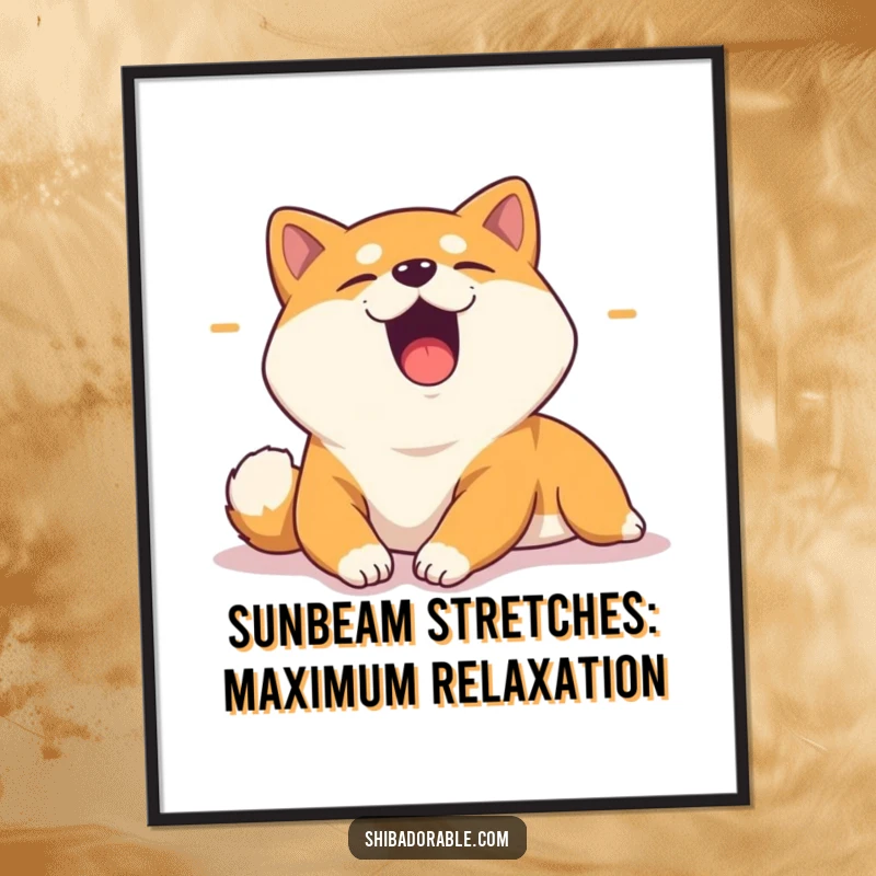 Funny Free Printable Wall Art: A Shiba Inu yawning and stretching lazily in a warm sunbeam, depicting ultimate relaxation.