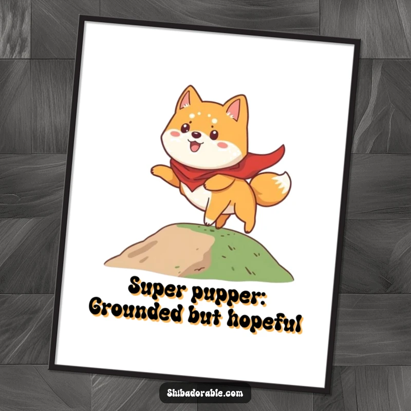Funny Free Printable Wall Art: A Shiba Inu in a cape bravely attempting to fly from a small hill, funny downloadable art.