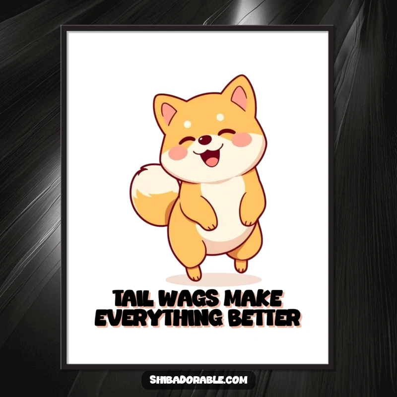 Funny Free Printable Wall Art: A Shiba Inu joyfully spinning in a circle with its tail wagging, radiating happiness.