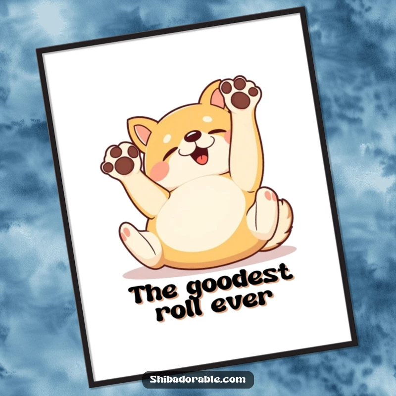 Free Printable Wall Art: A Shiba Inu rolling on its back with paws joyfully in the air, creating a scene of pure happiness.