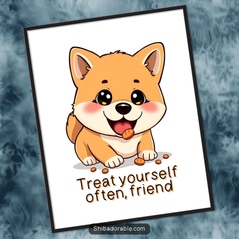 Free Printable Wall Art: A delighted Shiba Inu with big eyes, discovering a hidden treat, funny downloadable art.