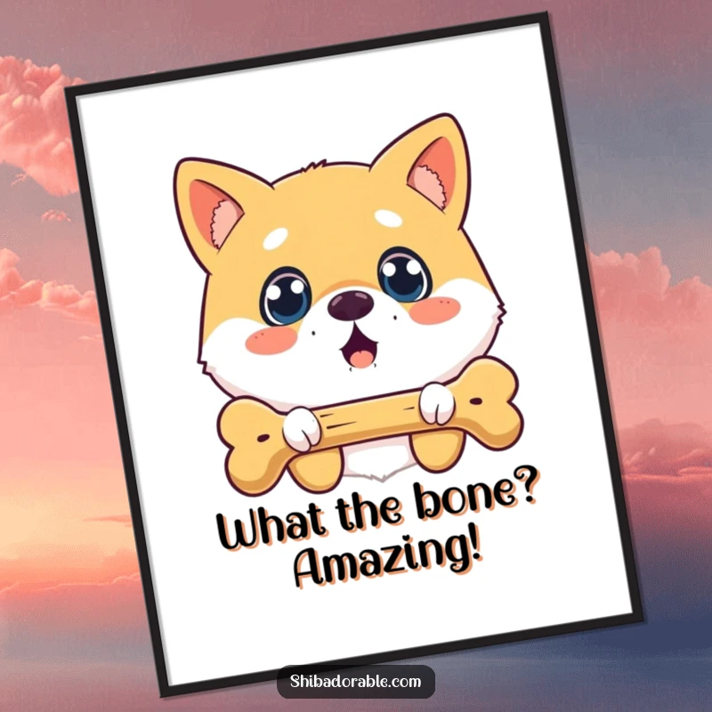 Funny Free Printable Wall Art: A surprised Shiba Inu dog with wide eyes stares in disbelief at a floating bone.