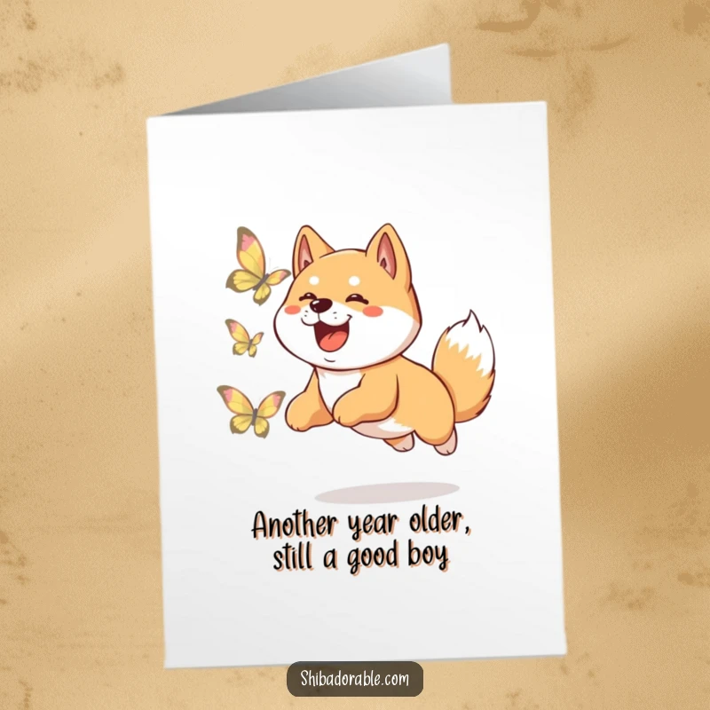 Funny Free Printable Birthday Card: A Shiba Inu joyfully leaping after a shimmering butterfly, energetic and cute.