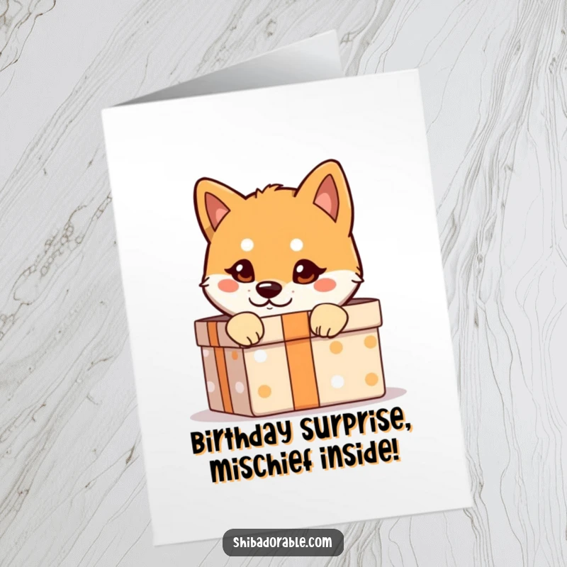 Free Printable Birthday Card: A Shiba Inu with a mischievous glint peeks slyly from inside a gift box.