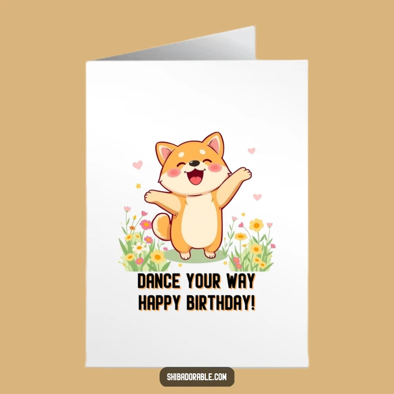 Free Printable Birthday Card: Happy Shiba Inu Dance - Flower Field Fun!