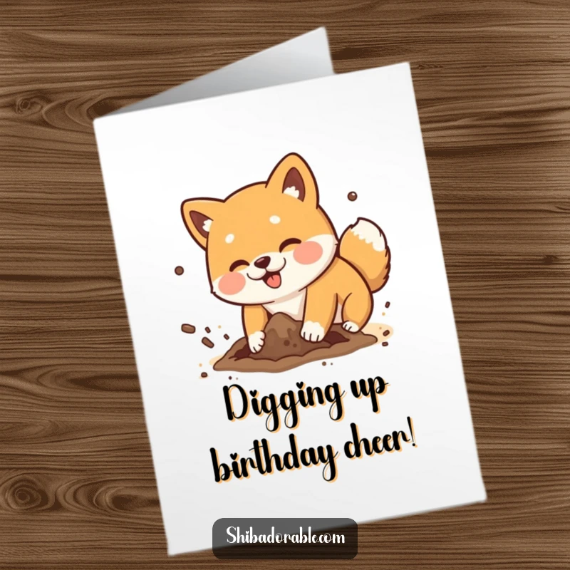 Funny Free Printable Birthday Card: Shiba Inu dog playfully digging a hole with dirt flying comically.