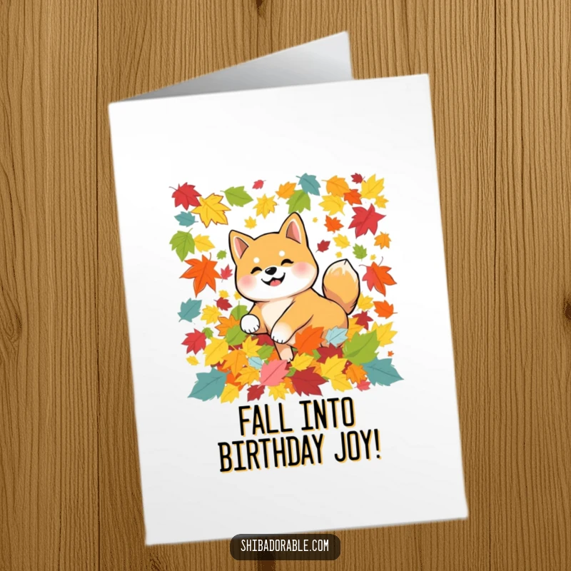 Funny Free Printable Birthday Card: Shiba Inu dog happily tumbles in a large pile of colorful autumn leaves.