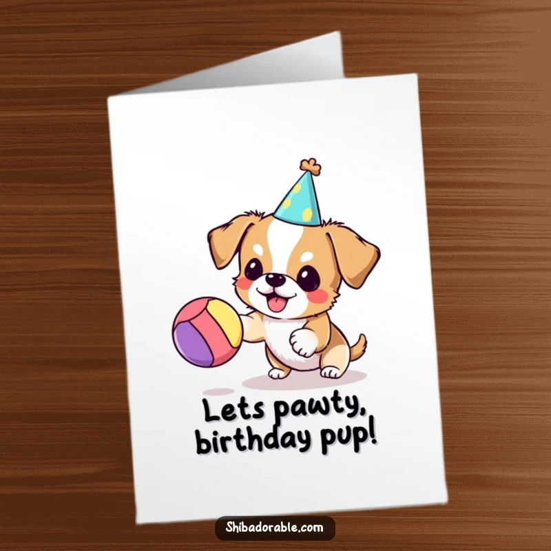 Funny Free Printable Birthday Card, small dog wearing a party hat, joyfully bouncing a colorful ball, festive celebration